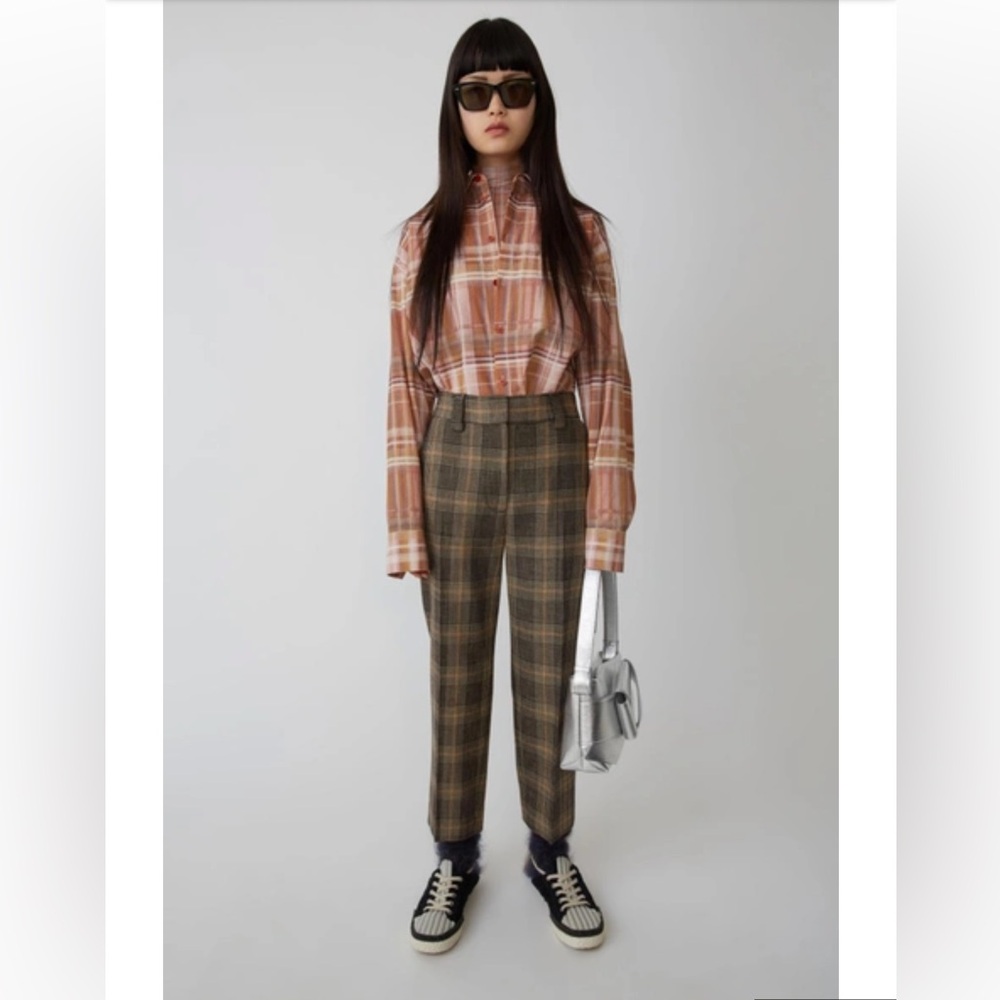 Acne Studios Brown/Beige Plaid Tapered Trousers Wool Cottage Heritage 38 US 14